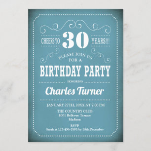 Retro 30th Birthday Party - Blue White Invitation