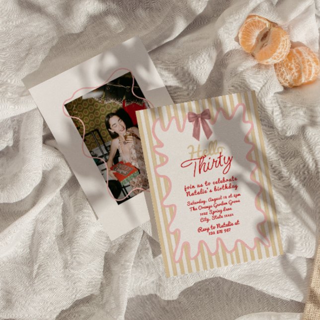 Retro 30th Bow Hello Thirty Photo Modern Birthday Invitation (Creator Uploaded)