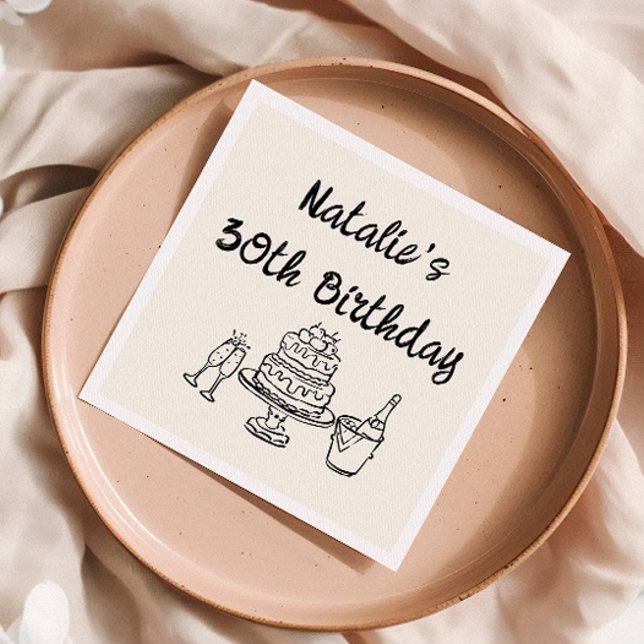 Retro 30th Hand Drawn Cake Champagne Fun Birthday Napkin (Creator Uploaded)