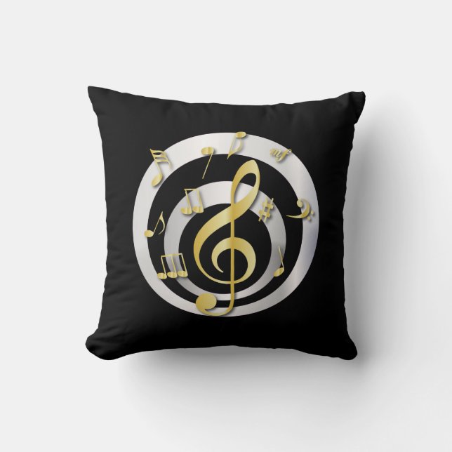 Retro 3D Effect Gold and Silver Musical Notes Cushion (Front)