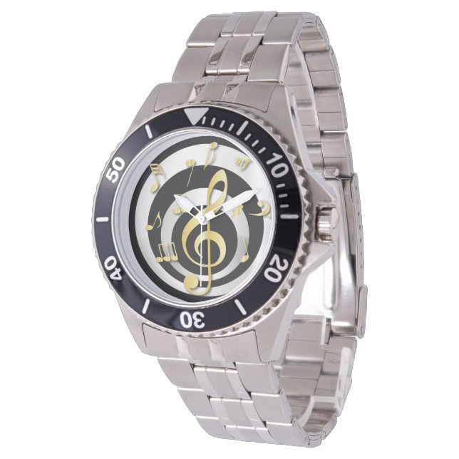 Retro 3D Effect Gold and Silver Musical Notes Watch (Angled)