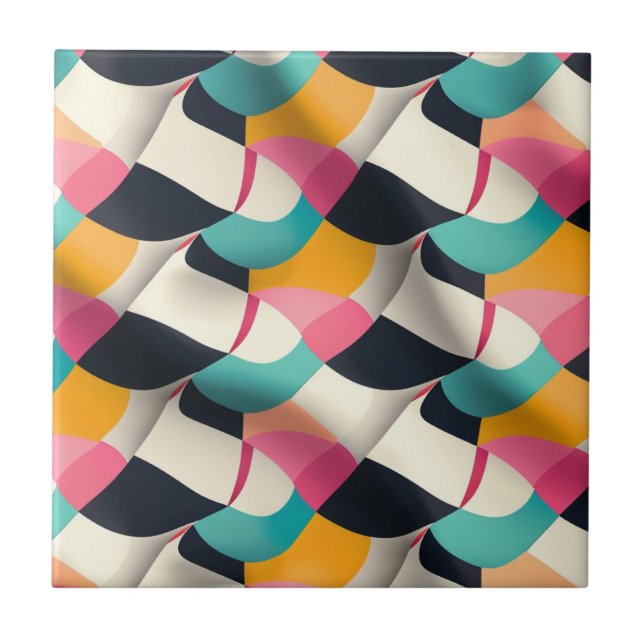 Retro 3D Geometric Pattern in Teal, Pink, Mustard Ceramic Tile (Front)