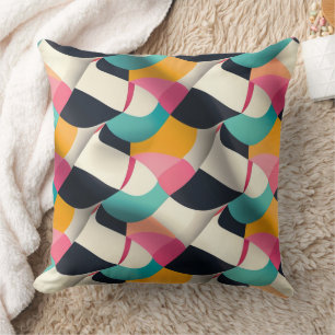 Retro 3D Geometric Pattern in Teal, Pink, Mustard Cushion