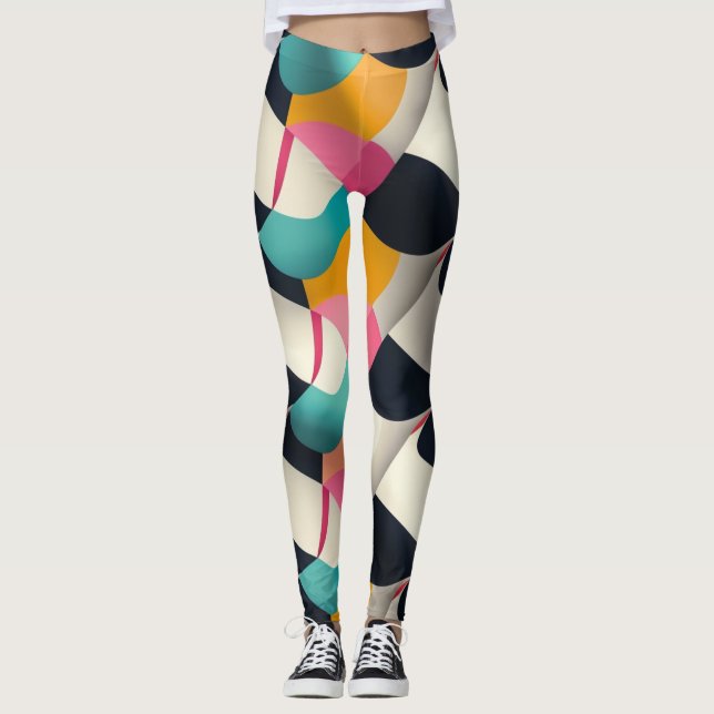 Retro 3D Geometric Pattern in Teal, Pink, Mustard Leggings (Front)