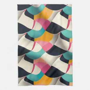 Retro 3D Geometric Pattern in Teal, Pink, Mustard Tea Towel
