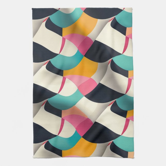 Retro 3D Geometric Pattern in Teal, Pink, Mustard Tea Towel (Vertical)