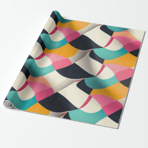 Retro 3D Geometric Pattern in Teal, Pink, Mustard Wrapping Paper