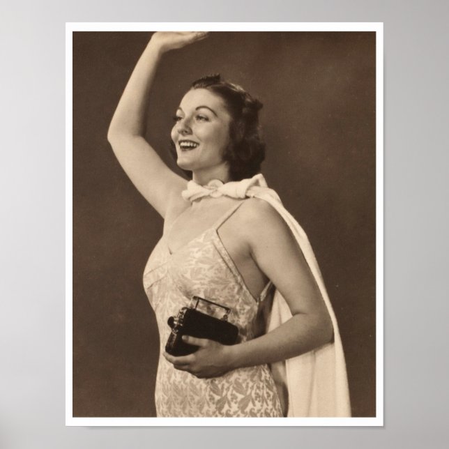 Retro 40s woman in swimsuit waving poster (Front)