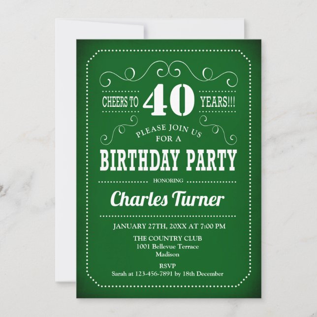 Retro 40th Birthday Party - Green White Invitation (Front)