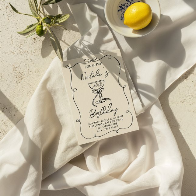 Retro 40th Hand Drawn Bow Champagne Glass Birthday Invitation (Creator Uploaded)