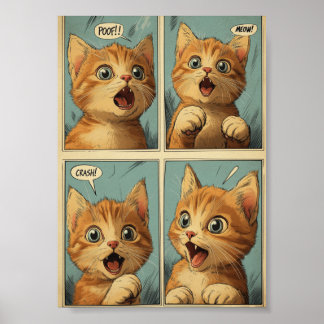 Retro 4 Panel Comic Strip Ginger Kitten Cat Art Poster