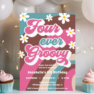 Retro 4th birthday FOUR ever groovy girl Invitation