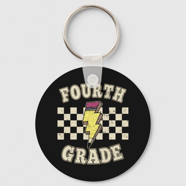 Retro 4th Fourth Grade Teacher Lightning Bolt Penc Key Ring (Front)