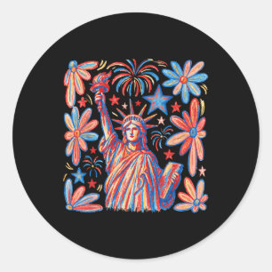 Retro 4th July Statue Of Liberty America Girl Wome Classic Round Sticker