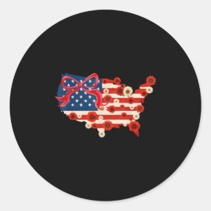 Retro 4th Of July Coquette Bow Floral America Map Classic Round Sticker