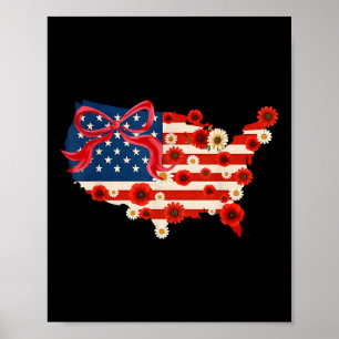 Retro 4th Of July Coquette Bow Floral America Map Poster
