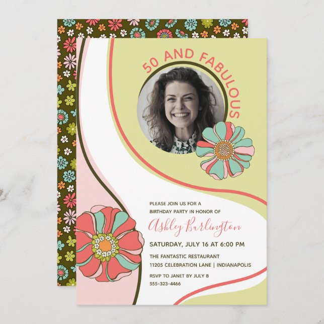 Retro 50 & Fabulous Groovy Floral Photo Invitation (Front/Back)