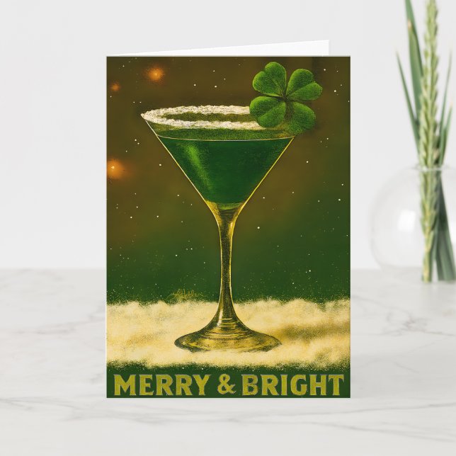 Retro 50s 4 Leaf Clover Irish Christmas Martini Card (Front)