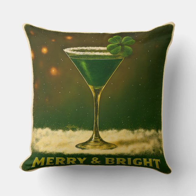 Retro 50s 4 Leaf Clover Irish Christmas Martini Cushion (Front)