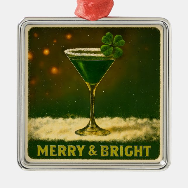 Retro 50s 4 Leaf Clover Irish Christmas Martini Metal Ornament (Front)