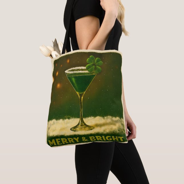 Retro 50s 4 Leaf Clover Irish Christmas Martini Tote Bag (Close Up)