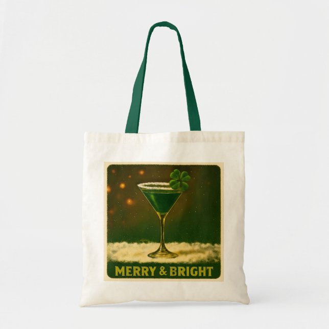 Retro 50s 4 Leaf Clover Irish Christmas Martini Tote Bag (Front)