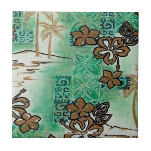 Retro 50s Atomic Tiki Print Bronze Turquoise  Ceramic Tile