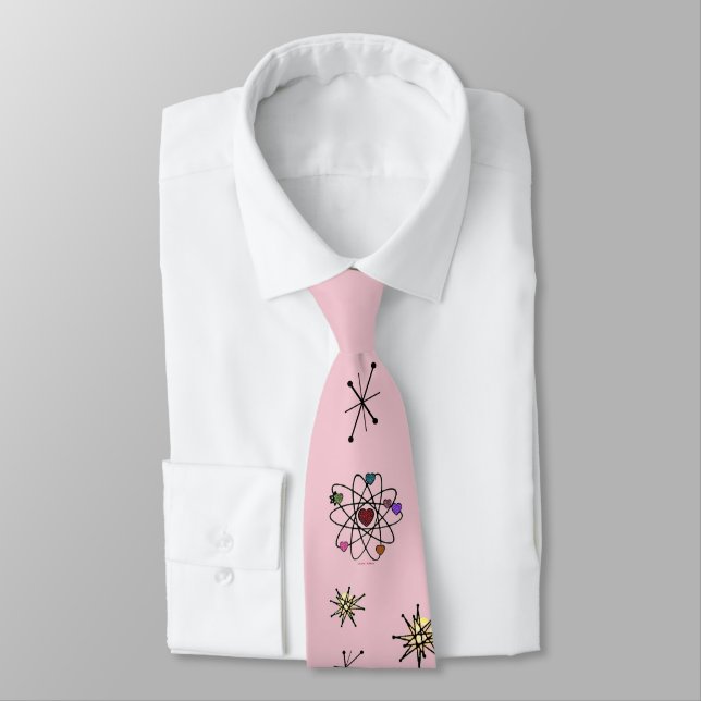 Retro 50s Atomic Valentine Hearts on Pink Tie (Tied)