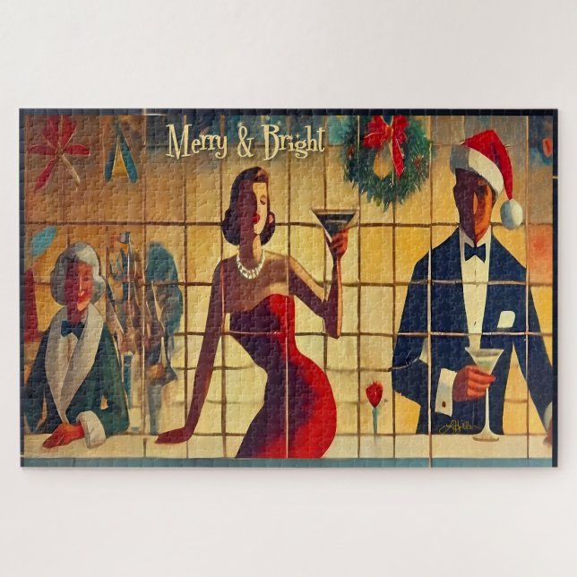 Retro 50s Christmas Eve Bar Last Call Martini Jigsaw Puzzle (Horizontal)