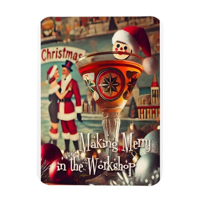 Retro 50s Cocktail Making Merry Christmas Workshop Magnet (Vertical)