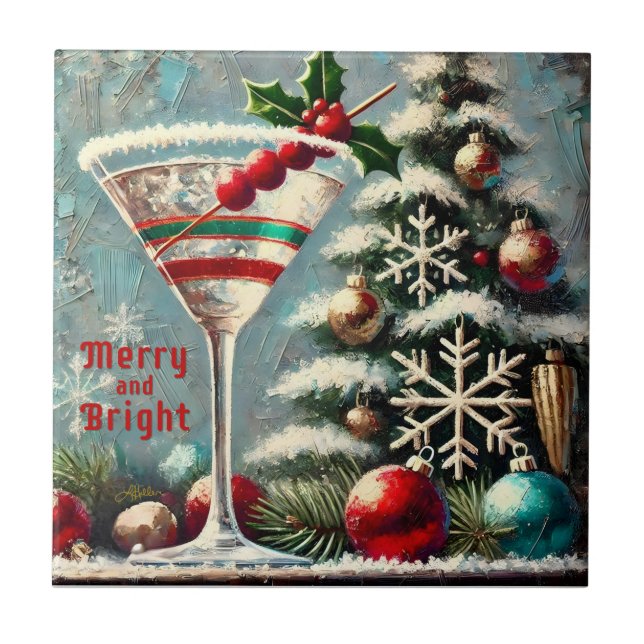 Retro 50s Cranberry Snowflake Christmas Martini Ceramic Tile (Front)