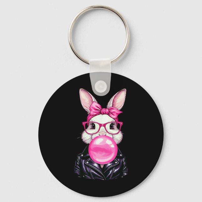 Retro 50's Cute Easter Bunny Blowing Bubble Gum 7  Key Ring (Front)