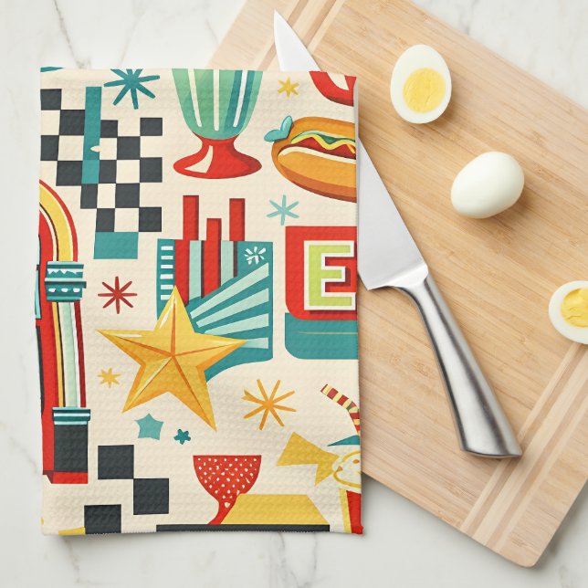 Retro 50s diner abstract geometric tea towel vinta (Quarter Fold)