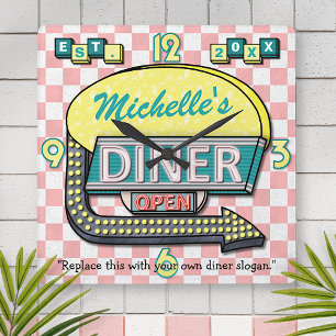 Retro 50's Diner Sign Pink Teal Personalized Name Square Wall Clock
