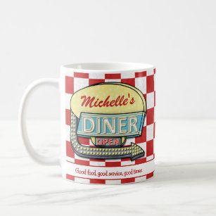 Retro 50's Diner Sign Red Chequered Custom Text Coffee Mug