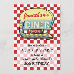 Retro 50s Diner Sock Hop Birthday Party Theme Red Invitation