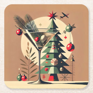Retro 50s Jet Set Christmas Tree Martini Square Paper Coaster