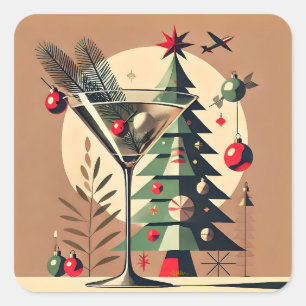 Retro 50s Jet Set Christmas Tree Martini Square Sticker