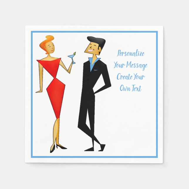 Retro 50s Man Woman Couple Cocktail Party Napkin (Front)