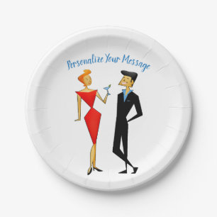 Retro 50s Man Woman Couple Cocktail Party Paper Plate
