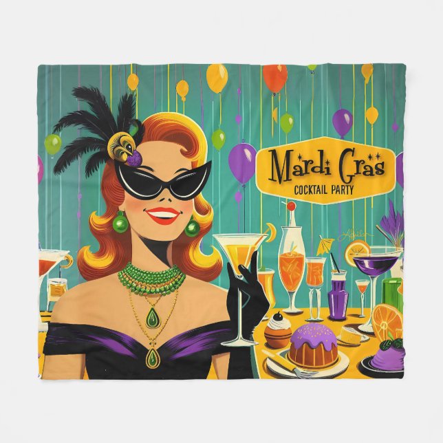 Retro 50s Mardi Gras Cocktail Party Fleece Blanket (Front (Horizontal))