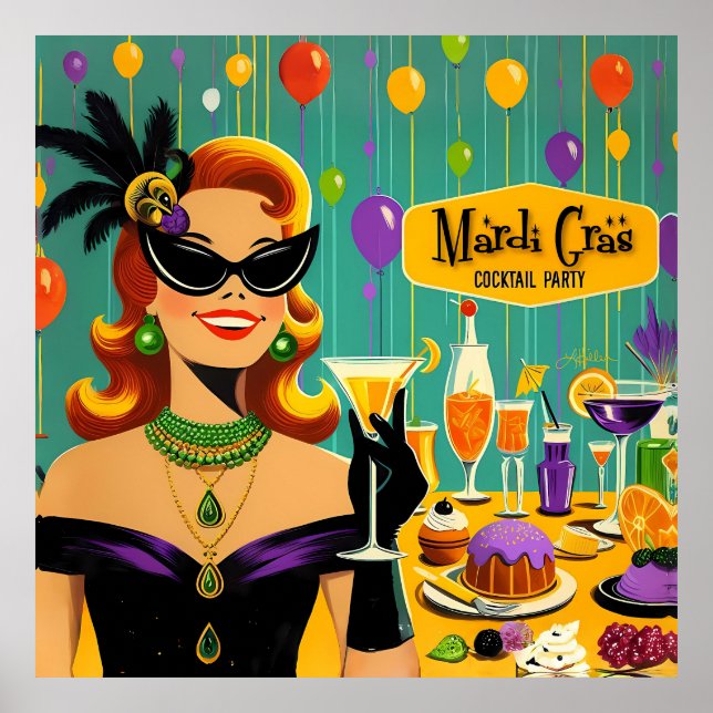 Retro 50s Mardi Gras Cocktail Party Poster (Front)