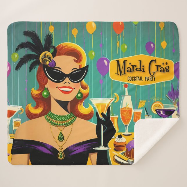 Retro 50s Mardi Gras Cocktail Party Sherpa Blanket (Front (Horizontal))