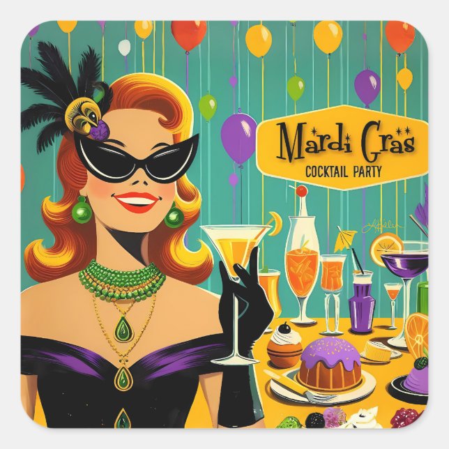 Retro 50s Mardi Gras Cocktail Party Square Sticker (Front)