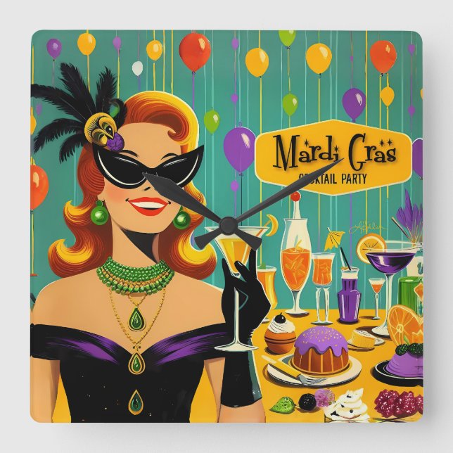 Retro 50s Mardi Gras Cocktail Party Square Wall Clock (Front)