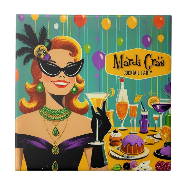 Retro 50s Mardi Gras Martini Cocktail Party Ceramic Tile (Front)