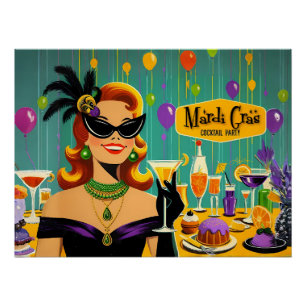 Retro 50s Mardi Gras Martini Cocktail Party Poster