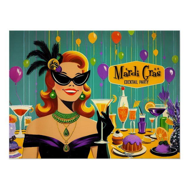 Retro 50s Mardi Gras Martini Cocktail Party Poster (Front)