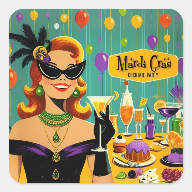 Retro 50s Mardi Gras Martini Cocktail Party Square Sticker (Front)