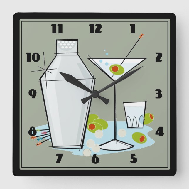 Retro 50s Martini Cocktail Time Mid-Century (Grey) Square Wall Clock (Front)
